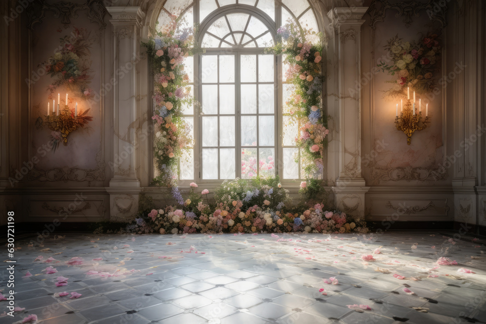 Luxury Palace Interior decorated with burning candles and pink roses - obrazy, fototapety, plakaty 