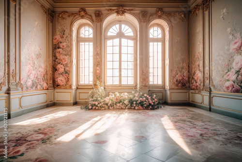 Luxury Palace hall Interior with  big windows decorated with frescoes and pink roses flowers compositions. Wedding Interior  background