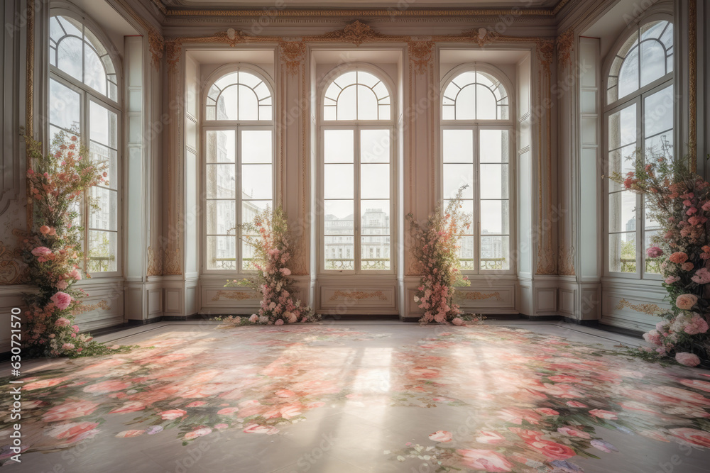 Luxury Classic Interior in pink color with big windows decorated pink roses flowers compositions. Wedding background. Classic france interior