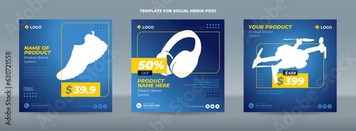 Square social media post template on simple blue gradation background with a yellow accent for product sale promotion