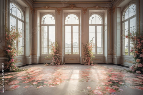 Luxury Classic Interior in pink color with big windows decorated pink roses flowers compositions. Wedding background. Classic france interior © maxa0109