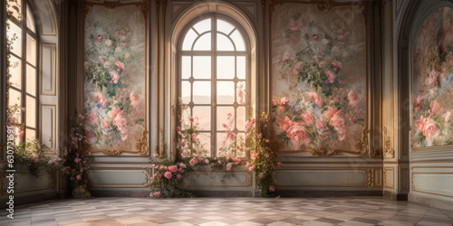 Fototapeta Luxury Palace hall Interior with big windows and walls decorated with frescoes and murals pink roses and flowers compositions