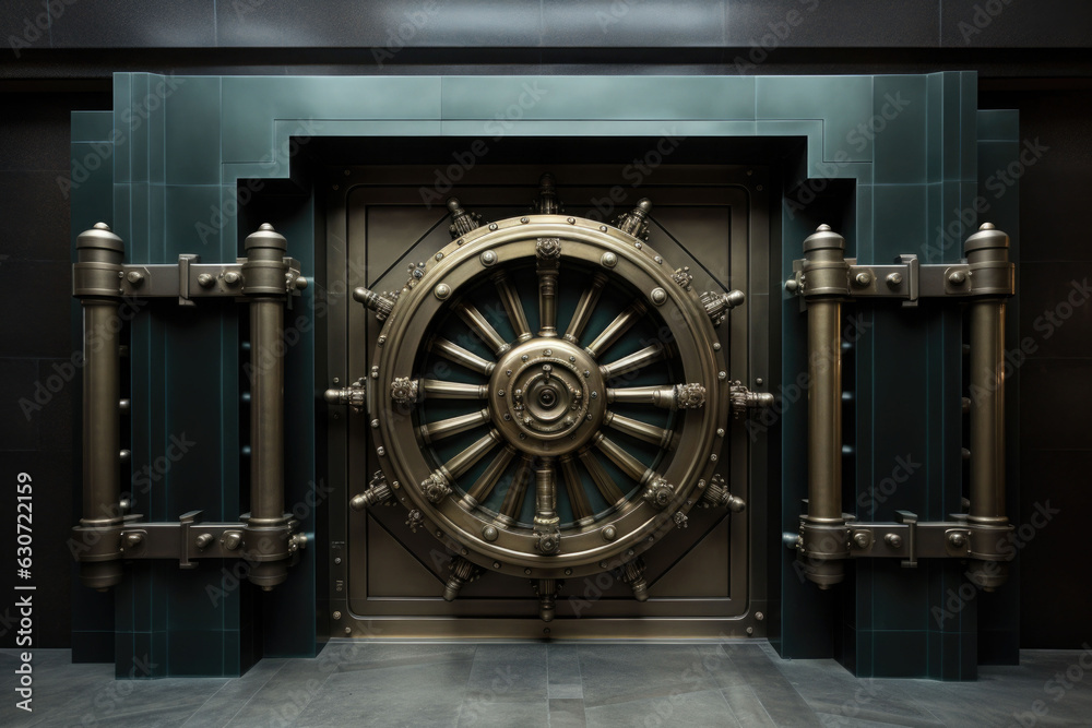 Obraz premium Front view of closed bank vault door. Generative AI