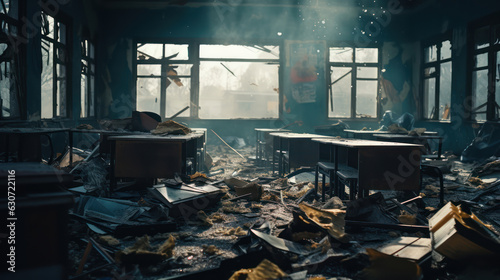 War concept. Destroyed school after rocket arrival