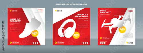 Square social media post template on white and red gradation background with a yellow accent for product sale promotion