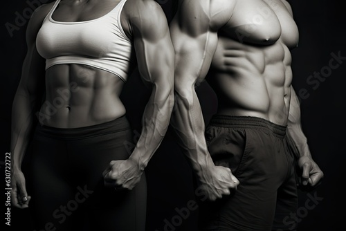 Fotografering Athletic muscular woman and man torsos on a black background
