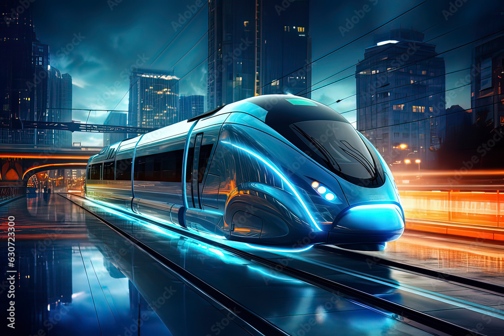 Future high-speed rail shuttles on urban railways at night. AI technology generated image