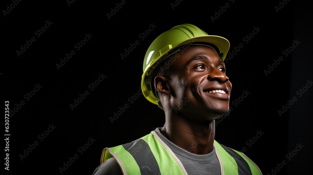 African man wearing safety vest and hard hat. African man wearing safety vest and hard hat.