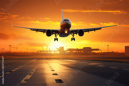 The sunset plane landed on the runway. AI technology generated image