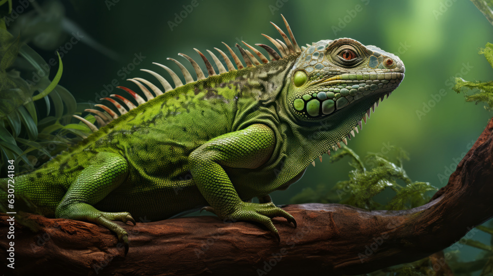 A large green lizard sitting on top of a tree branch