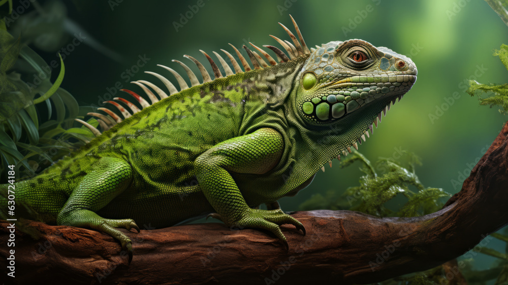 A large green lizard sitting on top of a tree branch A large green lizard sitting on top of a tree branch