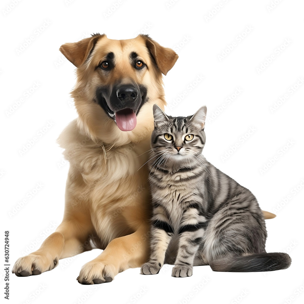 happy dog and cat isolated on transparent background