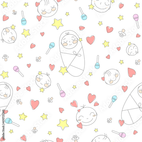 Cute sleeping babies. Faces and swaddled children in stars and hearts. A simple children's vector illustration.