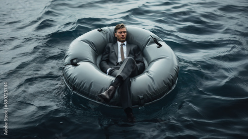 Canvastavla Business safety net concept with businessman sleeping peaceful on raft at sea, G