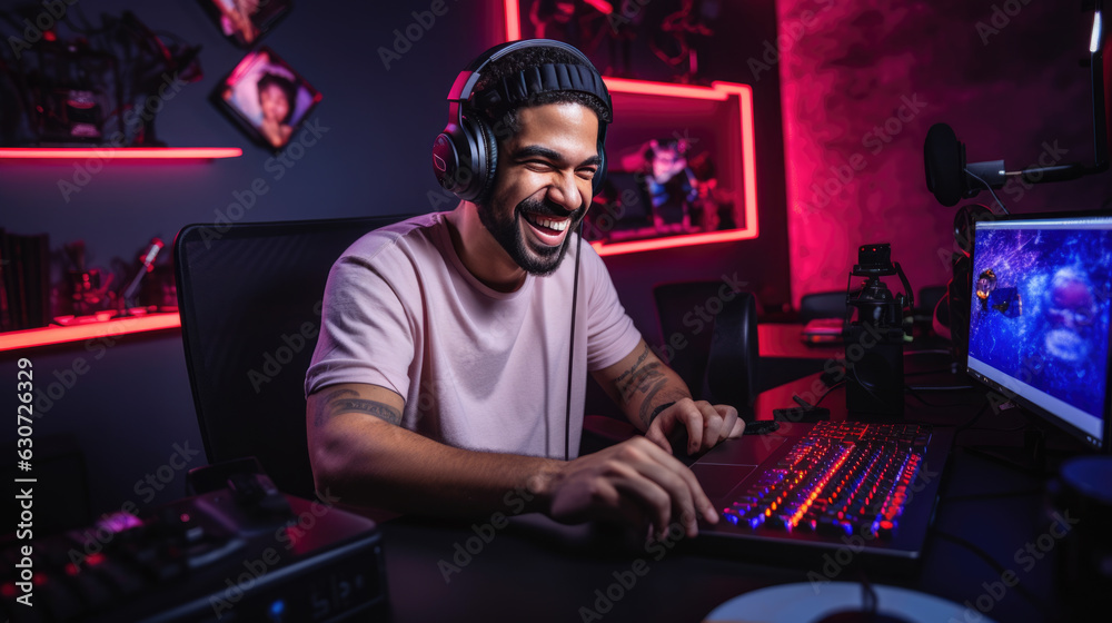 Young man records a podcast in his home office. Young man records a podcast in his home office.