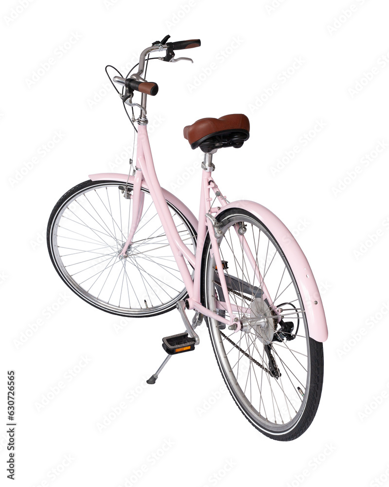 Pink retro bicycle, generic clean and new. Brown leather saddle and handles, back view. Vintage look city bike. Png isolated on transparent background Pink retro bicycle, generic clean and new. Brown leather saddle and handles, back view. Vintage look city bike. Png isolated on transparent background