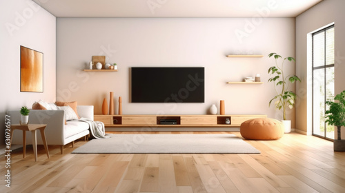 A living room with a couch and a television. Digital image.