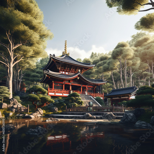 Japanese Buddhist temple in the midst of trees,4K,Generative AI
