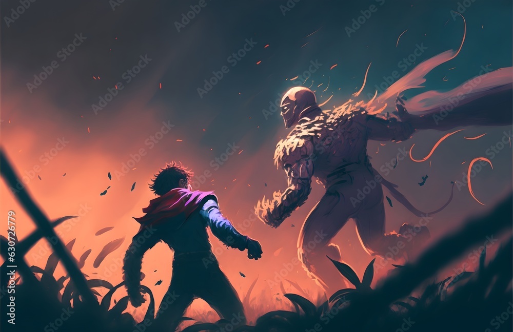The fight scene between the hero and the villain, digital art style, illustration painting, Generative AI