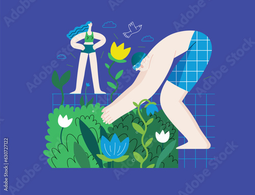 Greenery, ecology -modern flat vector concept illustration of people around the swimming pool of plants and flowers. Metaphor of environmental sustainability and protection, closeness to nature