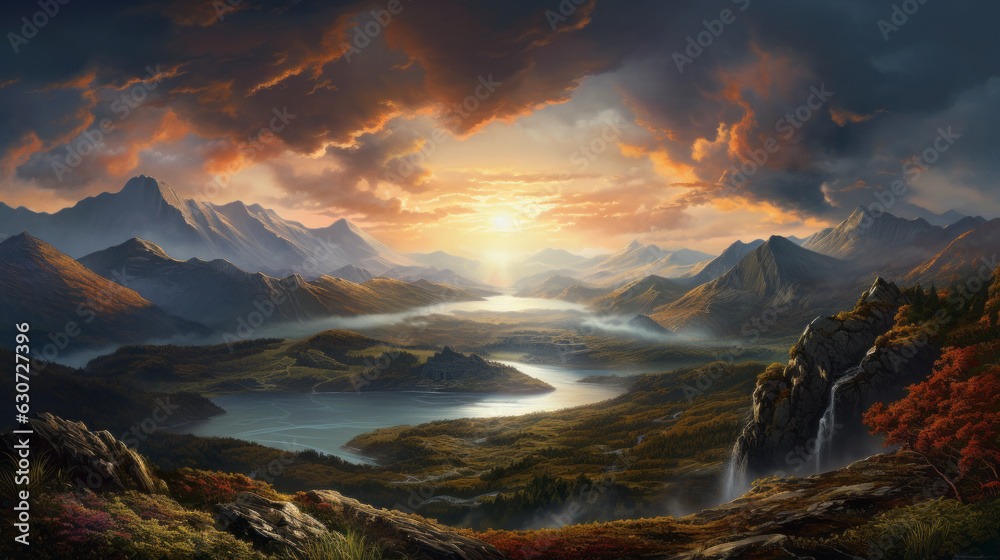 A painting of a sunset over a mountain range