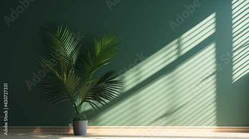 Empty studio room with window shadows and palm leaves