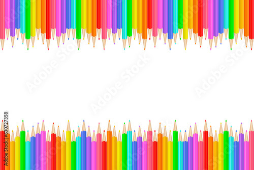 Colorful realistic pencils border. Rainbow colored crayons in a line. Png clipart isolated on transparent background