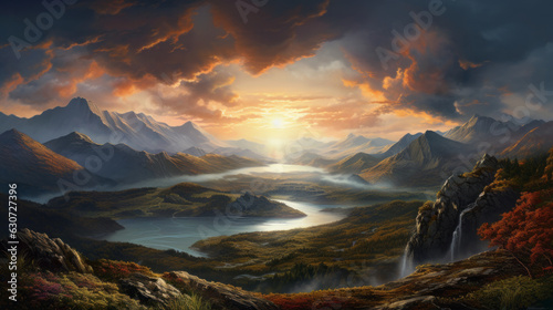A painting of a sunset over a mountain range