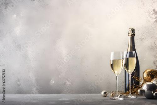 A glass of champagne on a silver background with highlights for christmas and new year. With Generative AI technology