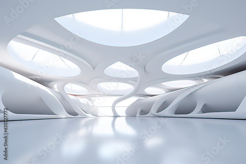 Minimalist style interior architectural structure of the art center. AI technology generated image