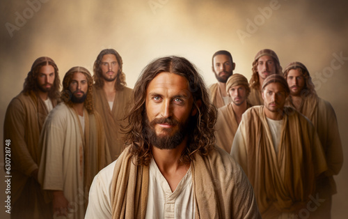 Jesus Christ in the foreground, the apostles in the background