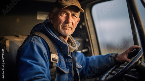 Male farmer sits in the back of a tractor. © MP Studio