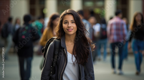 Portrait Of Female Student Standing outside In front of College Building with lot of students.Created with Generative AI technology.