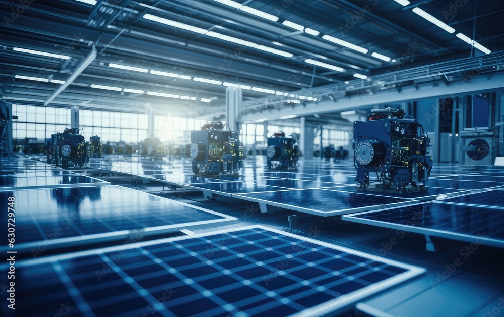 Wide Shot of Solar Panel Production Line with Robot Arms at Modern Bright Factory. Solar Panels are being Assembled on Conveyor. Created with Generative AI technology.