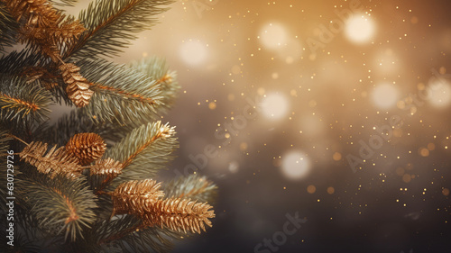 Christmas background with a copy space. New Years backdrop with a spruce branches, bokeh with golden sparkles background. AI generated