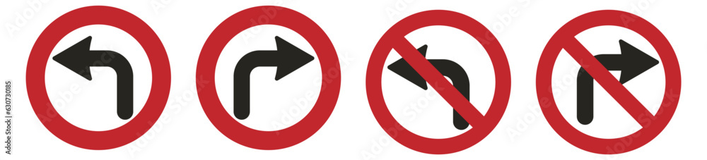 Bundle set of isolated design sticker label do not turn left with black arrow and red do not circle crossed out prohibited sign and turn instruction in red circle sign Bundle set of isolated design sticker label do not turn left with black arrow and red do not circle crossed out prohibited sign and turn instruction in red circle sign