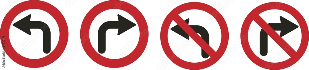 Bundle set of isolated design sticker label do not turn left with black arrow and red do not circle crossed out prohibited sign and turn instruction in red circle sign Bundle set of isolated design sticker label do not turn left with black arrow and red do not circle crossed out prohibited sign and turn instruction in red circle sign