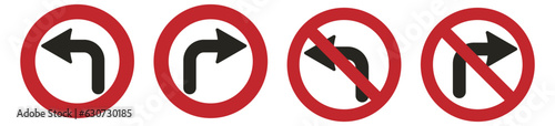 Bundle set of isolated design sticker label do not turn left with black arrow and red do not circle crossed out prohibited sign and turn instruction in red circle sign