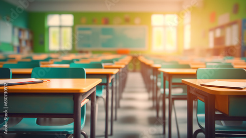 Blurry view of elementary class room no kid or teacher with chairs and tables in campus.Created with Generative AI technology.