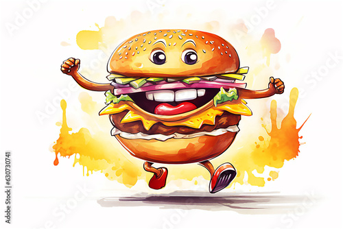 Cute smiling cartoon burger. Post processed AI generated image.