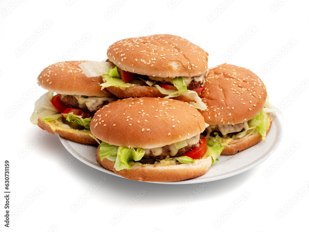 Homemade hamburger on a white background. Delicious burger with cheese, bacon, onion, cucumber, tomato and lettuce on a white background. Homemade hamburger on a white background. Delicious burger with cheese, bacon, onion, cucumber, tomato and lettuce on a white background.