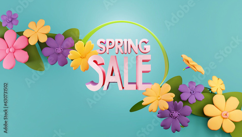 3d Rendering. Spring sale banner with beautiful colorful flower. Can be used for template, banners, wallpaper, generative Ai photo