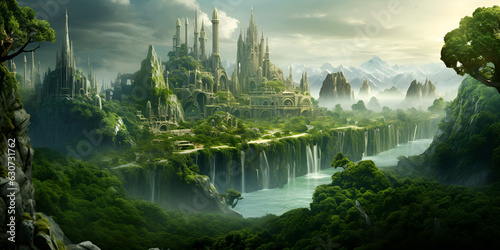 A fantasy city, in the mountains, with cascading waterfalls. 