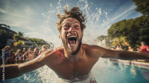Joyful man jumps into the pool with lots of splashing.