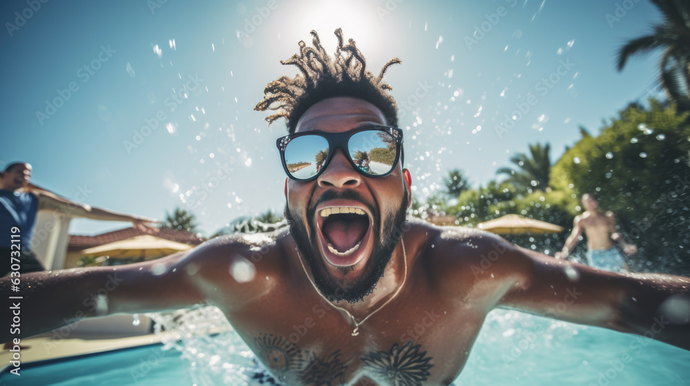 Naklejka premium Joyful man jumps into the pool with lots of splashing.