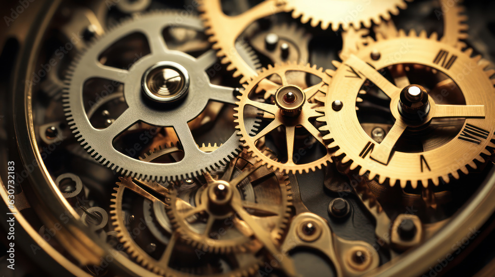 Gears and cogs in clockwork watch mechanism