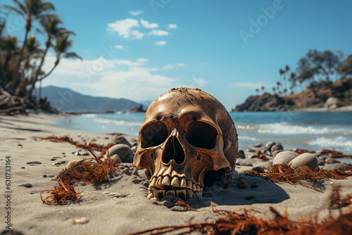 Fotobehang White skull of human with teeth left on desert sand of tropical paradise uninhabited rocky island