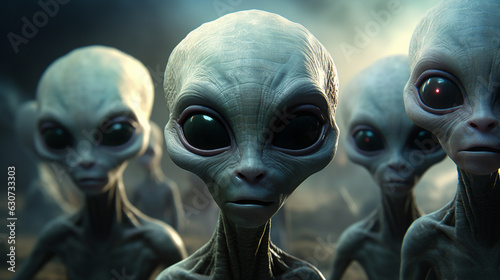 Space aliens. A group of aliens on a gray background. Humanoid beings with big eyes.