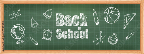 Back to school blackboard vector background, green chalkboard kindergarten wallpaper, chalk doodle. Classroom teacher education wooden checked frame, drawing quadrille surface. School blackboard wall