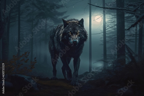 Canvas Print A portrait of scary wolf, hairy Werewolf growling in the moonlight over a full moon shining on a dark scary mystery foggy forest with a gothic house under the moon
